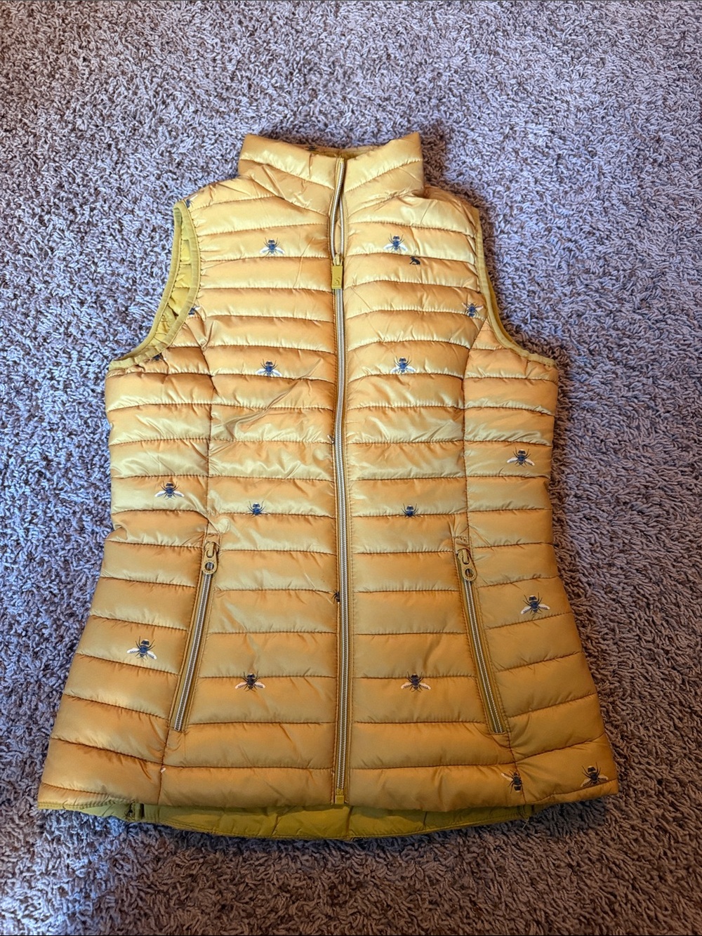 Joules Yellow Quilted Puffer Vest with Bee Embroidery